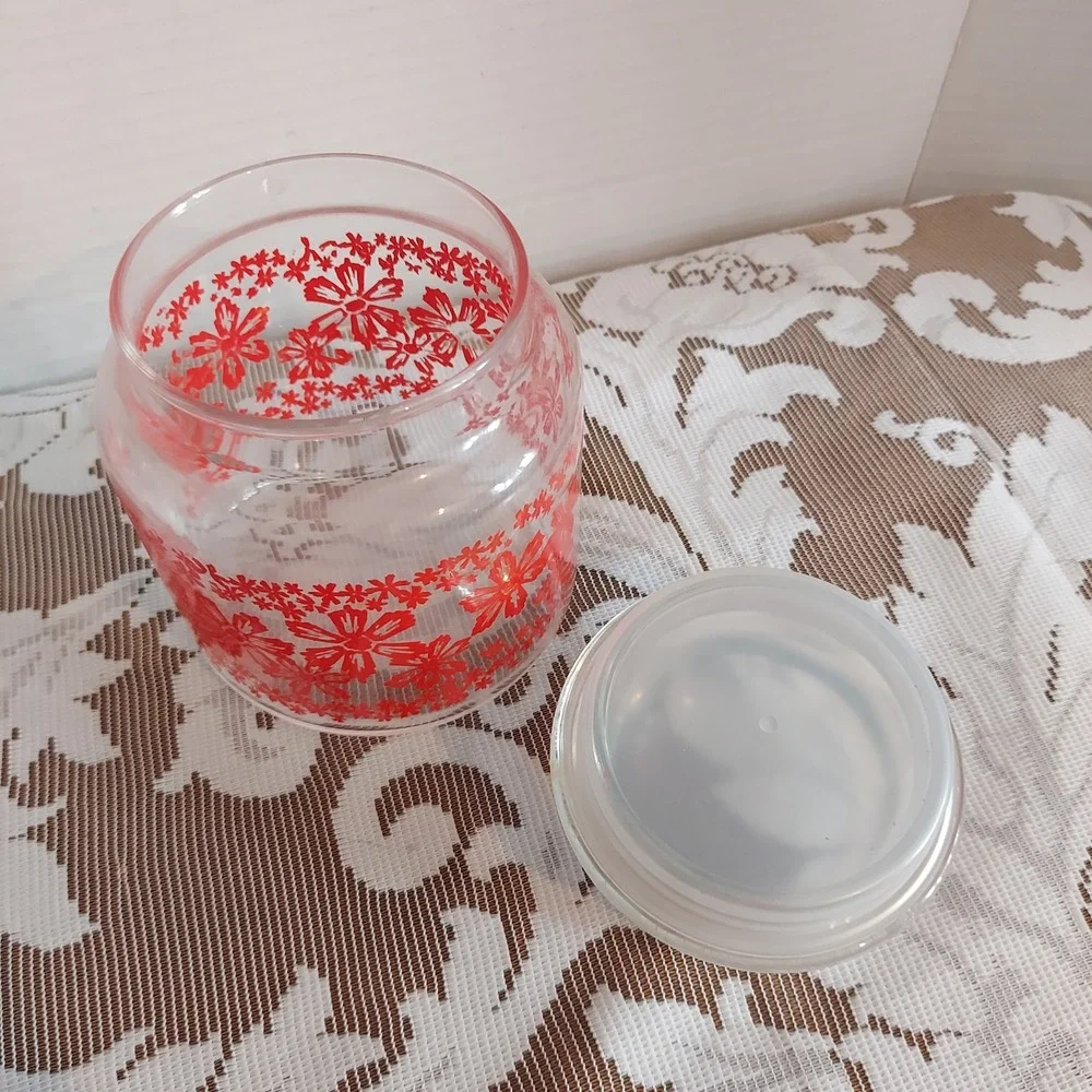 Vintage Red Daisy Floral Clear Glass Apothecary Jar Storage Canister with Lid